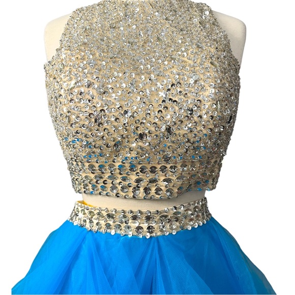 TWO PIECE Mesh Rhinestone Crop Top Prom Dress Full Skirt Blue Sz 12 - Picture 7 of 16